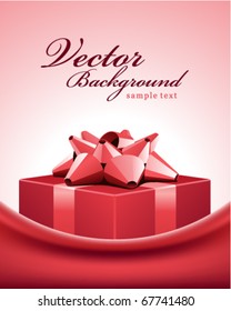 Día de San Valentín o caja de regalo roja de boda presente con celebración de arco rosa fondo vectorial