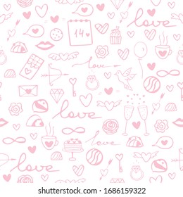 Valentines day or wedding seamless pattern in doodle style in vector. Valentines day romantic print for textile, fabric, wrapping, wallpaper, banners