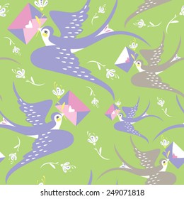 Valentine's day or wedding seamless pattern with stylized birds with love letter and flowers in vector.