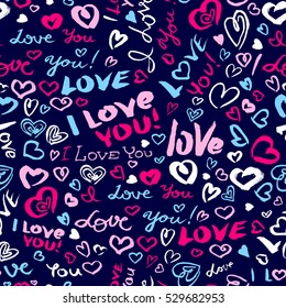 Valentine's day or wedding seamless pattern with hearts and I Love You hand drawing lettering. Doodle artistic  background in blue and pink colors