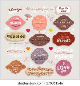 Valentine's Day and Wedding Set. Labels, Frames, Ornaments and Decorative Elements. Banner, Ribbon, badges and stickers - all for Love Design.