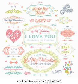 Valentine's Day and Wedding Set. Labels, Frames, Ornaments and Decorative Elements. Banner, Ribbon, badges and stickers - all for Love Design.