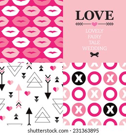 Valentine's day and wedding typography greeting card cover design and seamless love theme background pattern set in vector