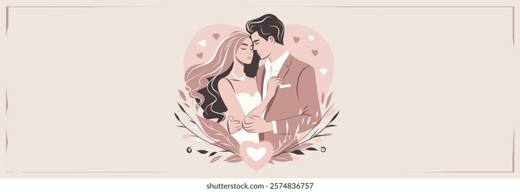 Valentine's Day, Wedding. Vector illustration in a gentle vintage style. Man and woman in each other's arms, symbolizing romance and tenderness. For love sites, dating apps, invitations, posters