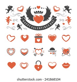 Valentines Day or Wedding Vintage Objects Vector and symbols Set: Hearts, Love Labels, Arrow, flowers, ribbons and Icons. Vector design elements 