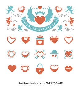 Valentines Day and Wedding Vintage Objects Vector and symbols Set: Hearts, Love Labels, Arrow, flowers, ribbons and Icons. Vector design elements 