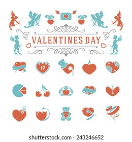 Valentines Day and Wedding Vintage Objects Vector and symbols Set: Hearts, Love Labels, Arrow, flowers, ribbons and Icons. Vector design elements 