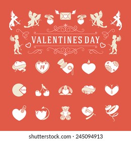 Valentines Day and Wedding Vintage Objects Vector and symbols Set: Hearts, Love Labels, Arrow, flowers, ribbons and Icons. Vector design elements 