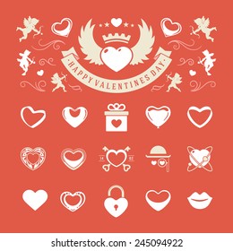 Valentines Day and Wedding Vintage Objects Vector and symbols Set: Hearts, Love Labels, Arrow, flowers, ribbons and Icons. Vector design elements 