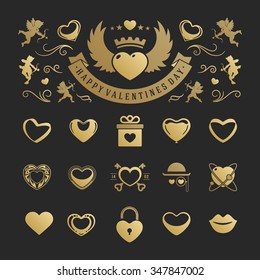Valentine's Day or Wedding Vintage Objects and symbols Set: Hearts, Love Labels, Arrow, flowers, ribbons and Icons. Vector design elements. Valentines Day Hearts, Valentines symbols, Valentines icons.