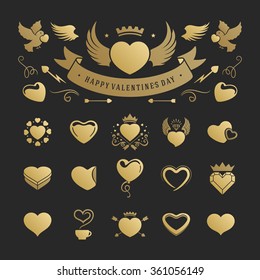 Valentine's Day or Wedding Vintage Objects and symbols Set: Hearts, Love Labels, Arrow, flowers, ribbons and Icons. Vector design elements. Valentines Day Hearts, Valentines symbols, Valentines icons.