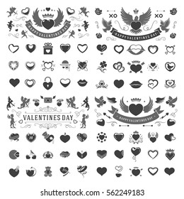 Valentines Day and Wedding Vintage Objects Vector and symbols Set: Hearts, Love Labels, Arrow, flowers, ribbons and Icons. Vector design elements