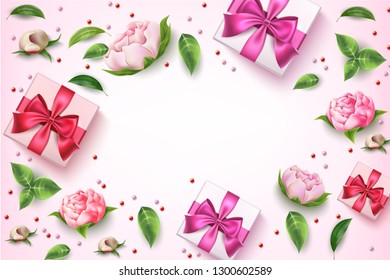 Valentines day, wedding or womens day invitation, greeting card poster with elegant pink rose flower with candy, present boxes pattern. Vintage floral design for romantic holiday. Vector illustration