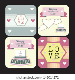 Valentines day and weeding cards with ornaments, typography, hearts, ribbon, arrow, and typewriter Happy Retro backgrounds set