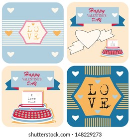 Valentines day and weeding cards with ornaments, typography, hearts, ribbon, arrow, and typewriter Happy Retro backgrounds set