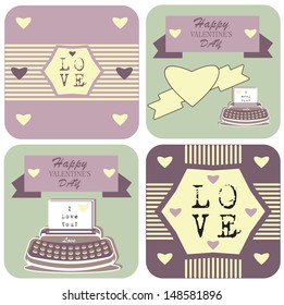 Valentines day and weeding cards with ornaments, typography, hearts, ribbon, arrow, and typewriter Happy Retro backgrounds set