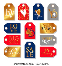  Valentines day and weeding design elements. Set of Valentines Day gift tags with  wishes.. Holiday printable badges and labels with love 