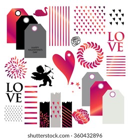  Valentines day and weeding design elements. Set of Valentines Day gift tags with  wishes.. Holiday printable badges and labels with love 
