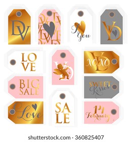  Valentines day and weeding design elements. Set of Valentines Day gift tags with  wishes.. Holiday printable badges and labels with love 