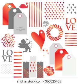  Valentines day and weeding design elements. Set of Valentines Day gift tags with  wishes.. Holiday printable badges and labels with love 