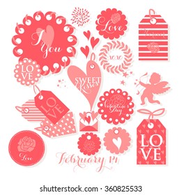  Valentines day and weeding design elements. Set of Valentines Day gift tags with  wishes.. Holiday printable badges and labels with love 