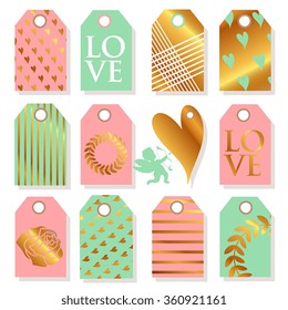  Valentines day and weeding design elements. Set of Valentines Day gift tags with  wishes.. Holiday printable badges and labels with love 