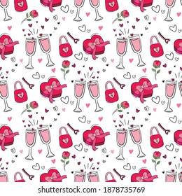 Valentine's day and weeding seamless pattern.Pattern with hand drawn colored symbols of the theme of love.Background with champagne glasses,gifts and hearts.