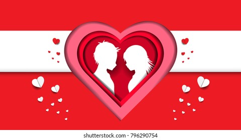 Valentine's Day when couples are surrounded around the heart. In pink background In style paper craft