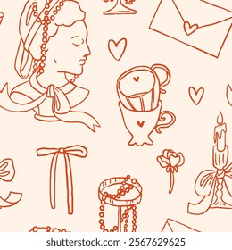 Valentine's day whimsical seamless pattern. Whimsy elegant tea cup, love letter, gifts, bows, candles. Hand drawn doodle elements. Trendy cute design. Perfect for gift wrapping paper, background