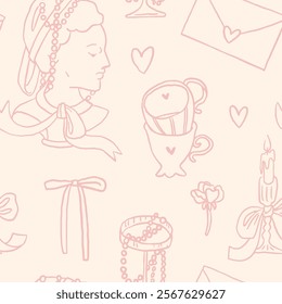 Valentine's day whimsical seamless pattern. Whimsy elegant tea cup, love letter, gifts, bows, candles. Hand drawn doodle elements. Trendy cute design. Perfect for gift wrapping paper, background