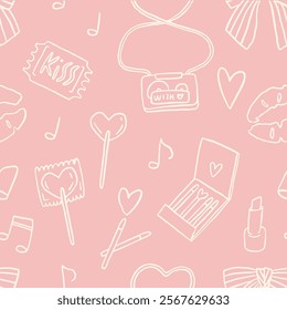 Valentine's day whimsical seamless pattern, with hand drawn doodle elements. Trendy cute design. Whimsy lollipop, hearts, mixtape, match box, bows, kisses. Perfect for gift wrapping paper, background