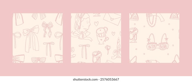 Valentine's day whimsical seamless pattern set. Whimsy elegant tea cup, love letter, gifts, bows, lingerie. Hand drawn doodle elements. Trendy cute design. Perfect for gift wrapping paper, background
