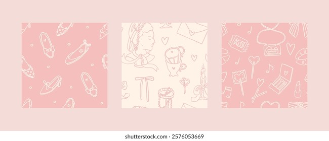Valentine's day whimsical seamless pattern set. Whimsy elegant tea cup, love letter, gifts, bows, lingerie. Hand drawn doodle elements. Trendy cute design. Perfect for gift wrapping paper, background