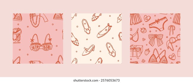 Valentine's day whimsical seamless pattern set. Whimsy elegant tea cup, love letter, gifts, bows, lingerie. Hand drawn doodle elements. Trendy cute design. Perfect for gift wrapping paper, background