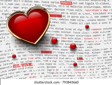 Valentines day white background with glossy red heart in golden frame and glass beads on abstract newspaper text. Love romantic wallpaper