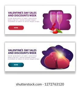 Valentine's Day white modern banners with button, glasses of champagne and hearts