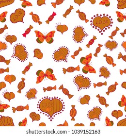 Valentines Day. White, orange and purple. Vector fancy love shape seamless pattern background.