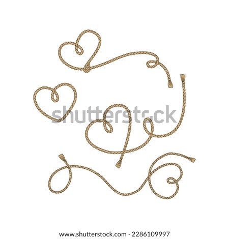 Valentines Day Wild west rodeo heart shape rope lasso vector illustration set isolated on white. Howdy St Valentine Day hearts knot western print collection for love postcard design.