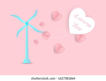 Valentine's day wind turbine concept background. Vector postcard pink paper hearts with white heart frame.