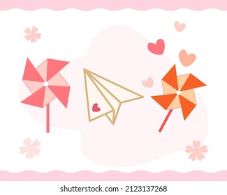 Valentine's day windmill and love paper airplane hand drawn style icon set