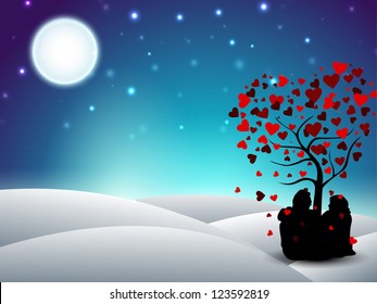 Valentines Day winter background with sitting couple silhouette under the love tree. EPS 10.
