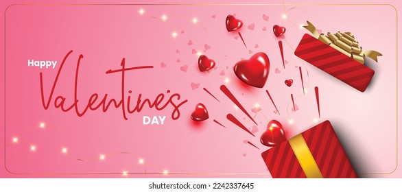 Valentine's day wishes with gift box and red hearts coming out from gift box. Valentines day background