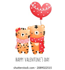 Valentine's day wit cute tiger, vector illustration