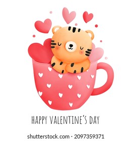 Valentine's day wit cute tiger, vector illustration