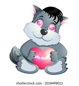 Valentines day wolf holding love  pink heart, design for greeting card, web, chat, emoji sticker messenger, child clothes, room. Vector illustration.