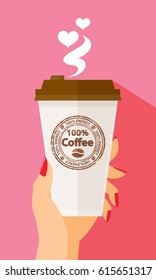 Valentine's Day Woman Hand Holding Paper Coffee Cup Latte Americano Espresso 100%  Coffee Stamp Take Away To Go Flat Design Vector Illustration