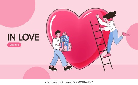 Valentines day woman with red heart balloon. Happy couple in love holding red heart shape. Man send gifts to women. Boy and girl are happy to receive a gift. vector illustration