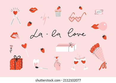 Día de San Valentín, Día de la Mujer, colección de elementos aislados. Conjunto rosa rojo de ilustración fresca y divertida. Dibujo de Doodle estilo audaz. Pasos vectoriales