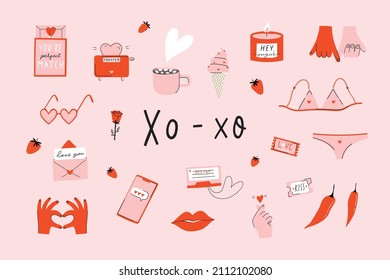 Valentine's day, Woman's day holiday isolated elements collection. Red pink set of cool and fun illustration. Doodle cartoon bold style. Vector eps