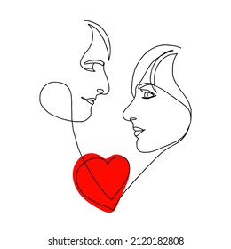 Valentines day, women and men. love symbol. Portrait minimalistic style. Poster with faces of a man, a woman and a heart, drawn in one line. 